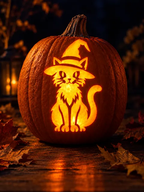 Cat in Witch Hat design carved into a pumpkin and lit with a candle