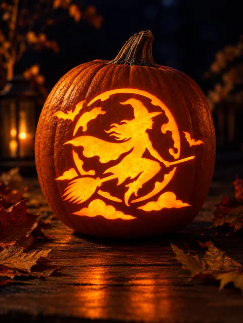 Witch on a Broom design carved into a pumpkin and lit with a candle