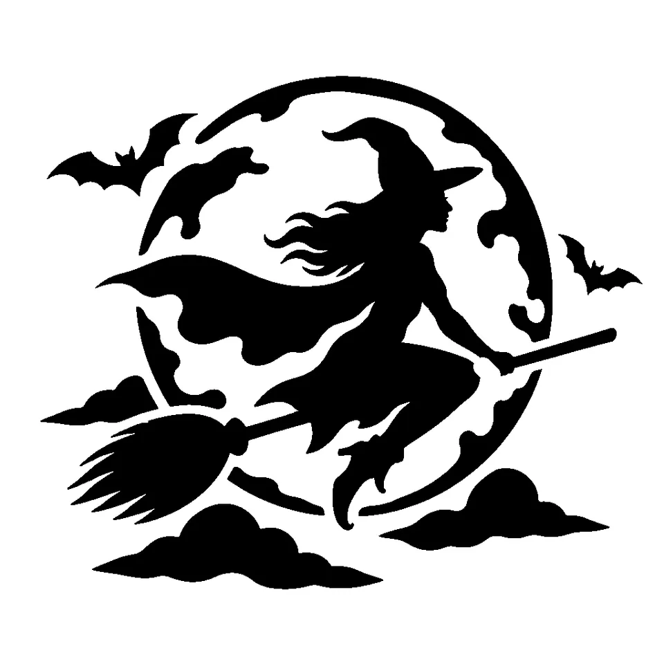 Witch on a Broom pumpkin stencil, printable black and white witch template
