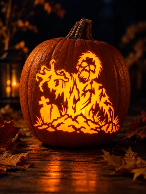 Zombie Rising design carved into a pumpkin and lit with a candle