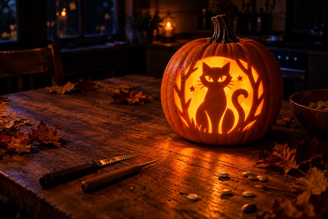 A carved foam craft pumpkin with a glowing cat design