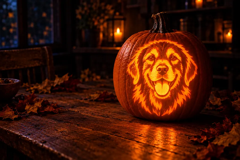 A dog portrait carved into a foam pumpkin glowing on a shelf