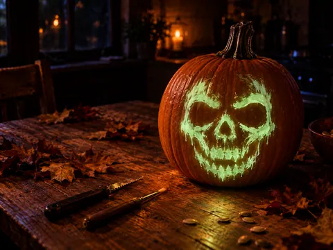 Pumpkin painted with a glowing skull
