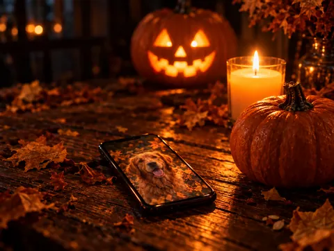 A phone showing a dog photo next to a pumpkin