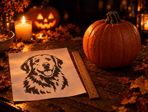 A printed dog stencil next to a ruler and pumpkin