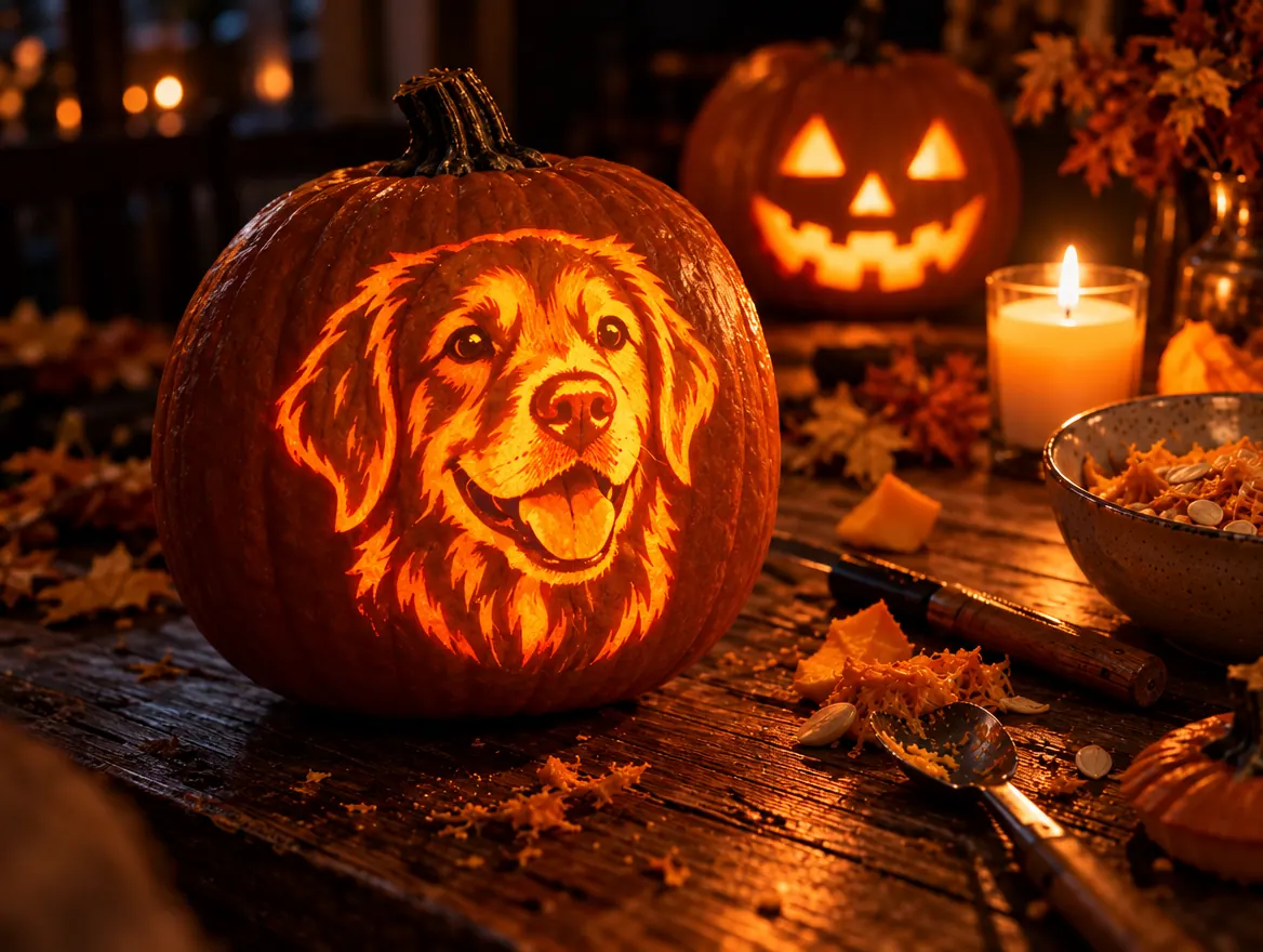 A dog portrait carved into a glowing pumpkin
