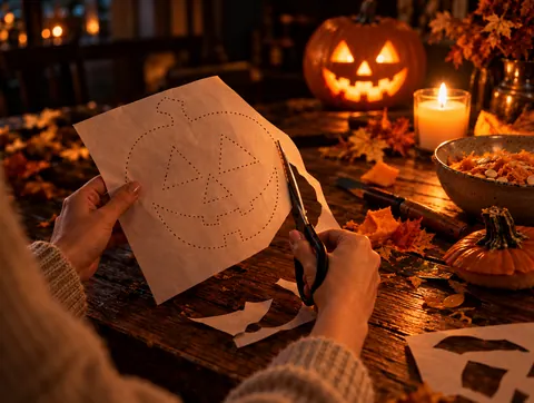 A printed pumpkin stencil being trimmed with scissors