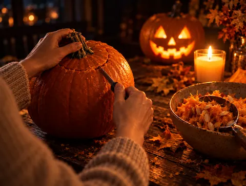 Hands cutting a lid around the pumpkin stem and scooping out the pulp