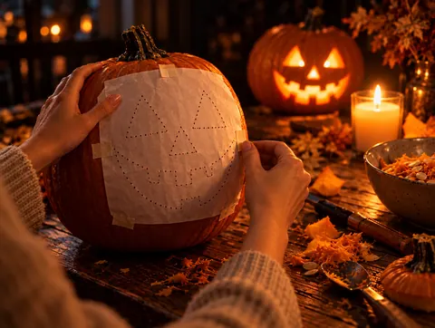 A paper stencil taped flat onto the face of a pumpkin