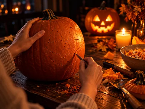 A dotted outline on pumpkin skin being cut with a small saw