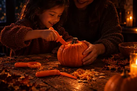 A kids carving set on a wooden table at night
