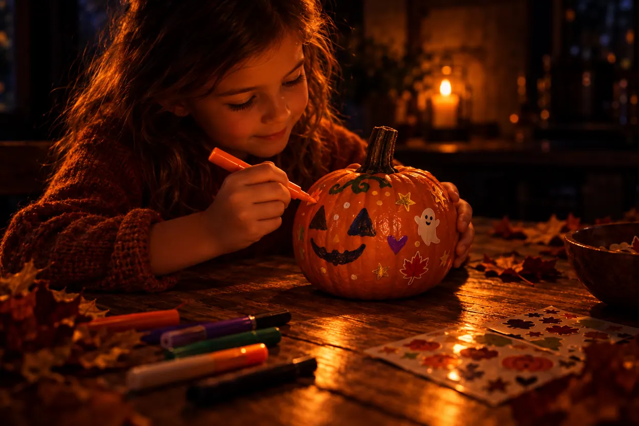 A child decorating a small pumpkin with paint pens and stickers