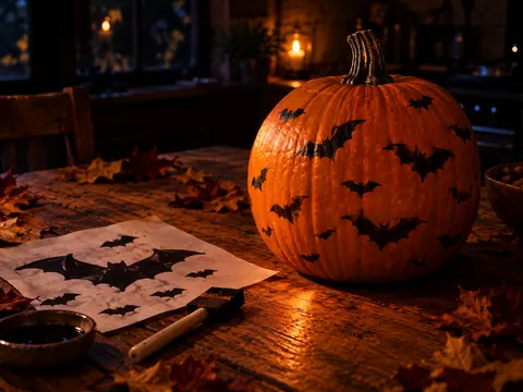 Orange pumpkin painted with small black bats