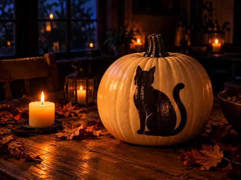 White pumpkin painted with a black cat silhouette