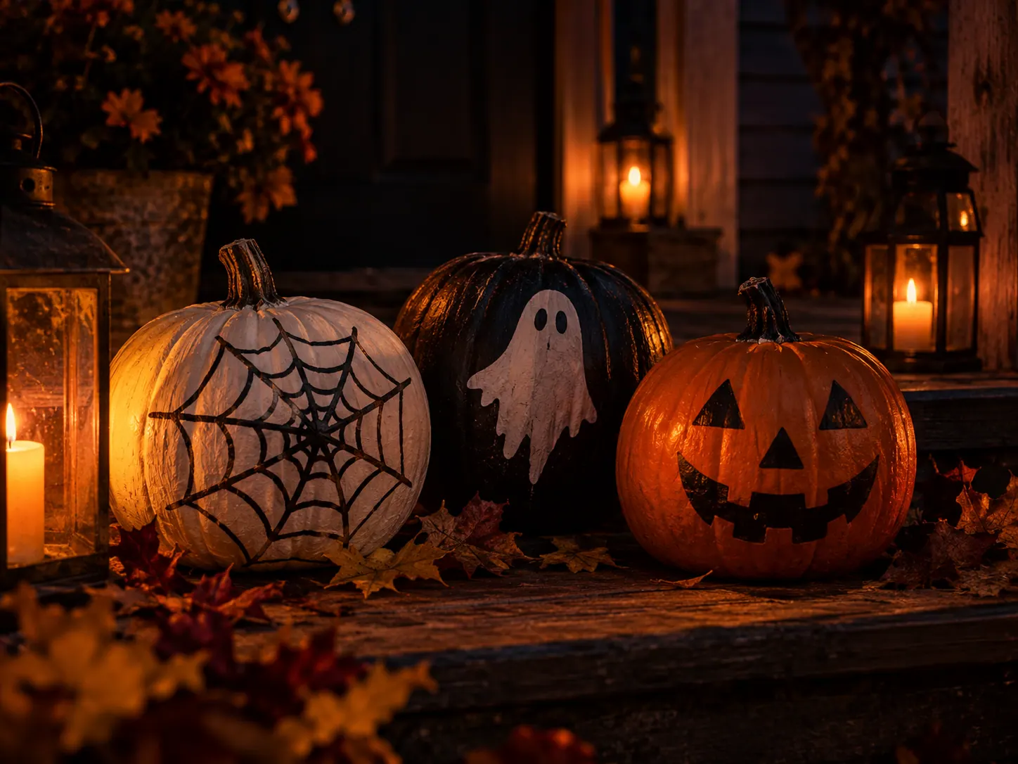Three painted pumpkins with spider web, ghost and jack-o-lantern designs on a porch
