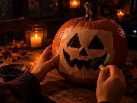 Dabbing black paint through a paper stencil onto a pumpkin