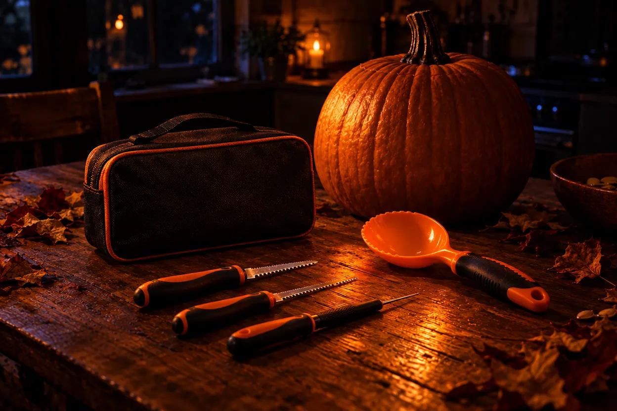 A pumpkin carving kit with saws, poke tool and scoop on a wooden table
