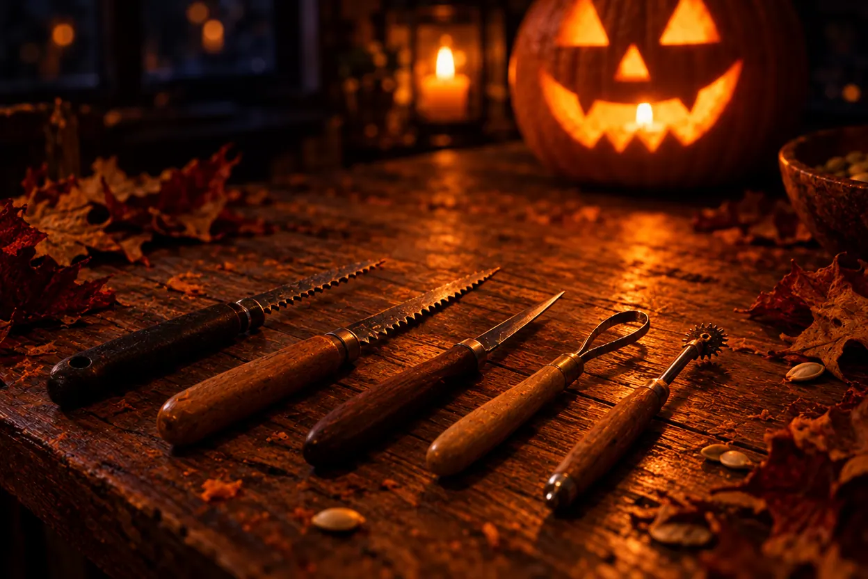 Pumpkin carving tools laid out on a wooden table