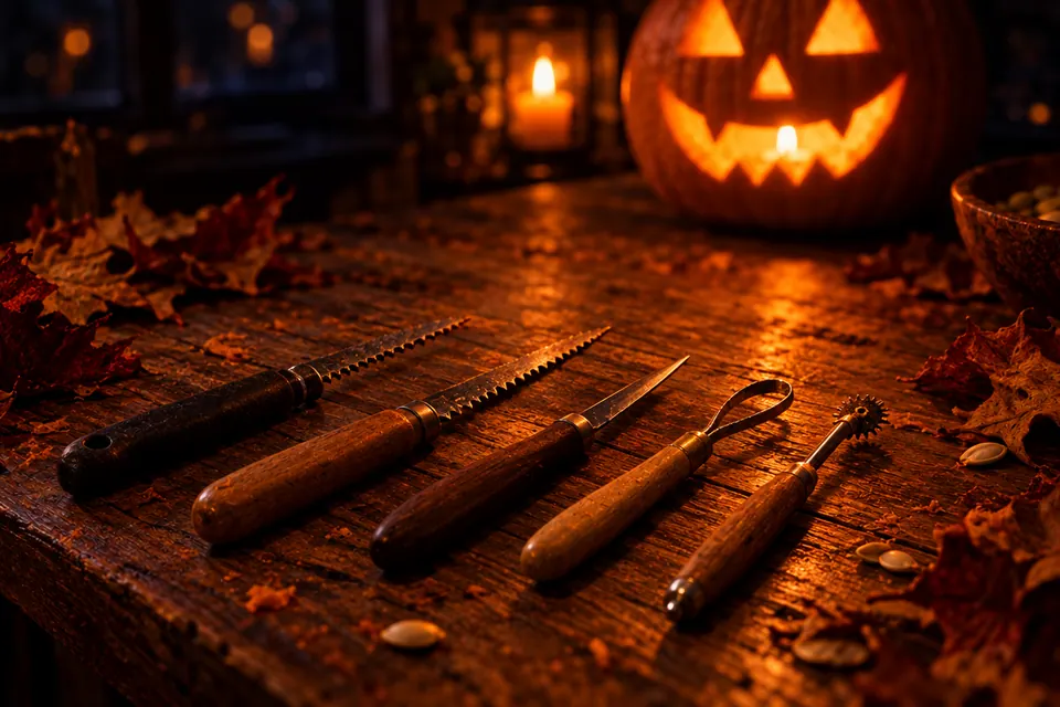 Close-up of pumpkin carving saws, detail knife, loop tool and poke wheel