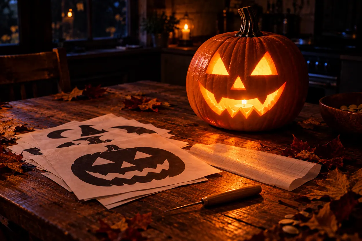 Printed pumpkin patterns, transfer paper and a poke tool on a table