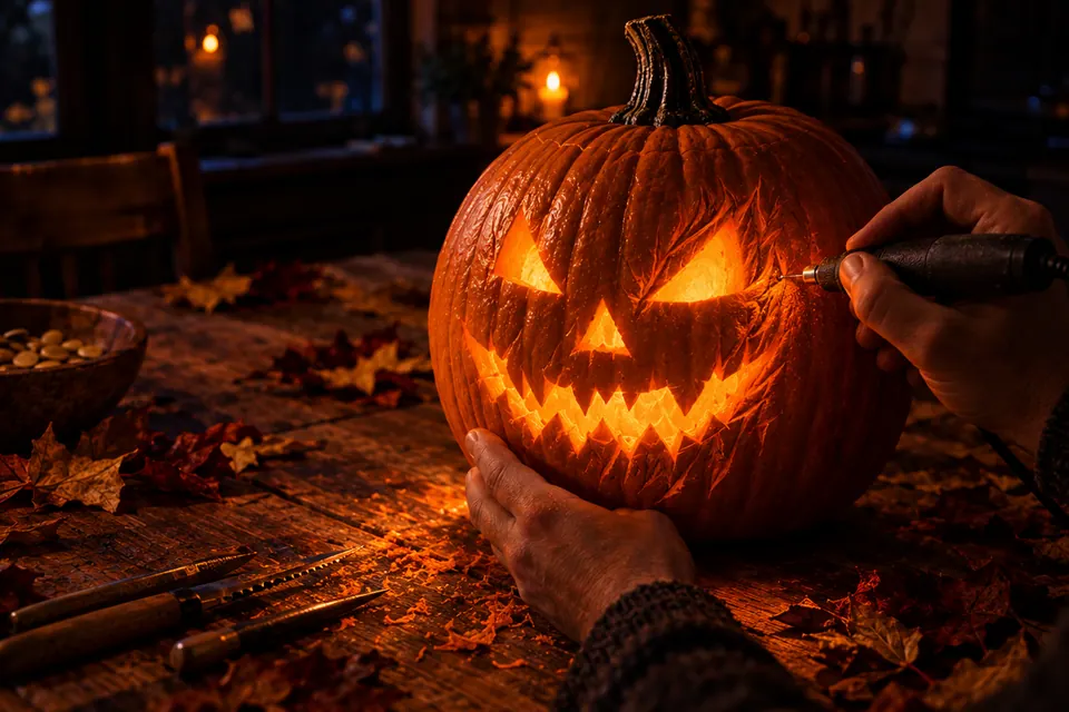 A rotary tool etching fine detail into pumpkin skin