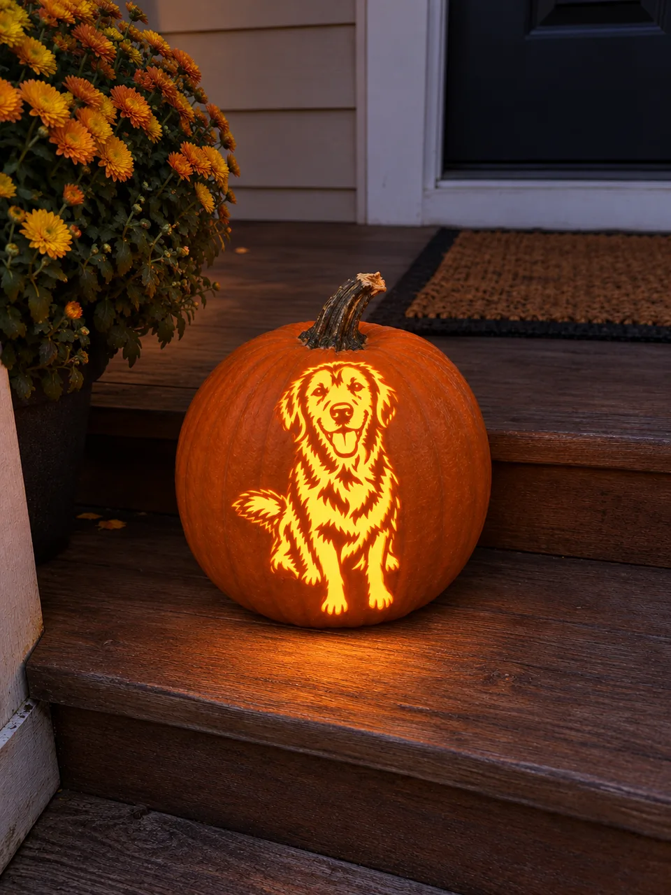 The same porch pumpkin carved with a golden retriever portrait and glowing at night