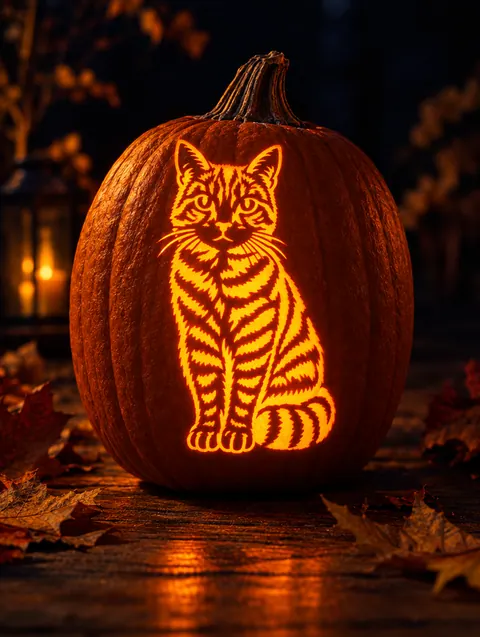 a tabby cat stencil carved into a glowing pumpkin