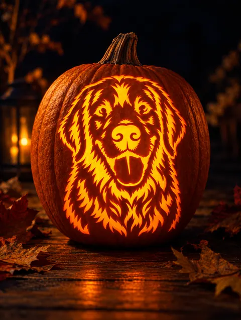 Golden retriever stencil carved into a glowing pumpkin