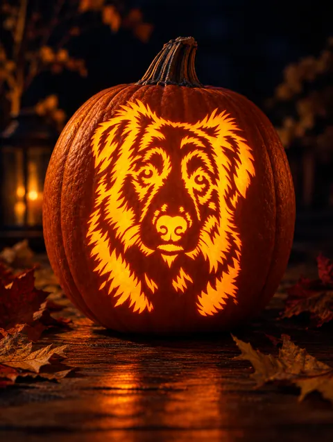 a Australian Shepherd stencil carved into a glowing pumpkin