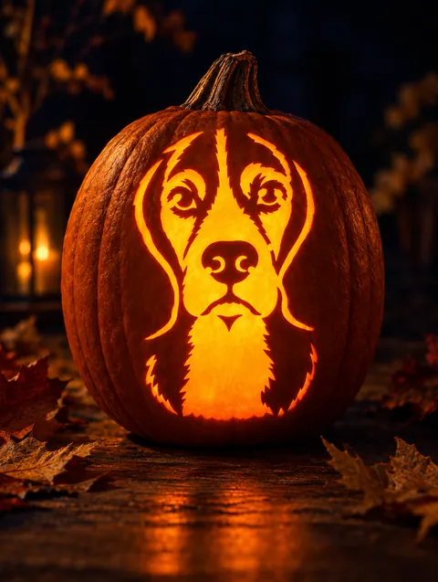 a Beagle stencil carved into a glowing pumpkin