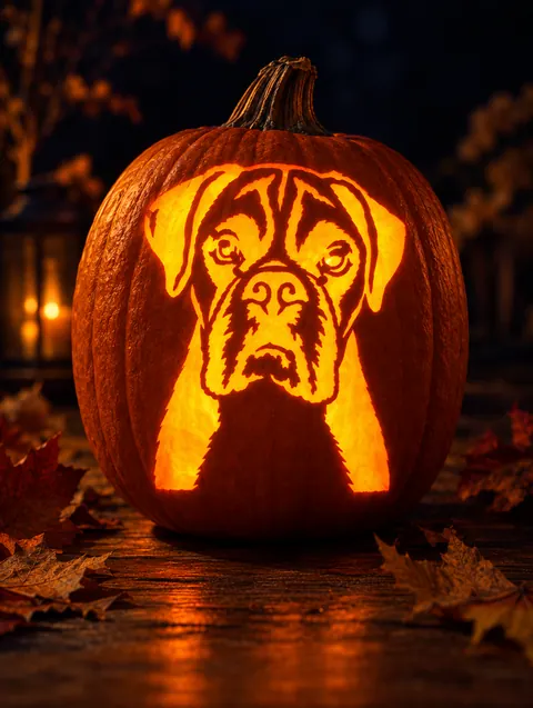a Boxer stencil carved into a glowing pumpkin