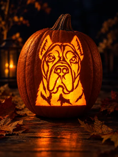 a Cane Corso stencil carved into a glowing pumpkin