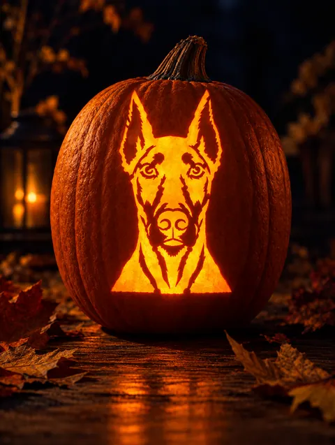 a Doberman Pinscher stencil carved into a glowing pumpkin