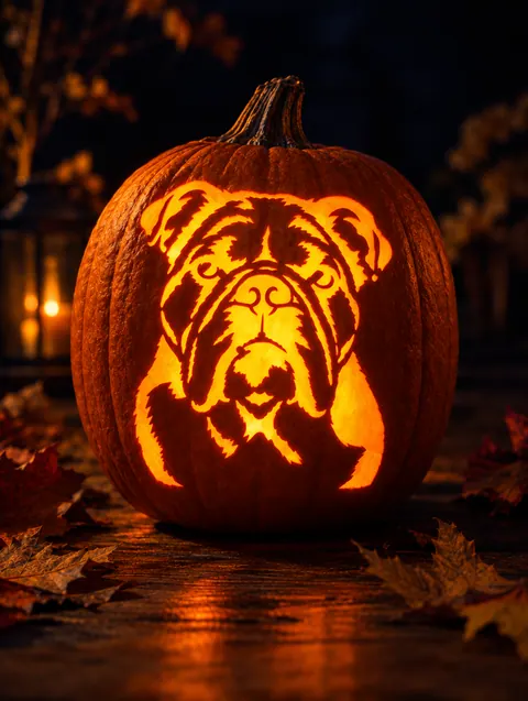 a English Bulldog stencil carved into a glowing pumpkin