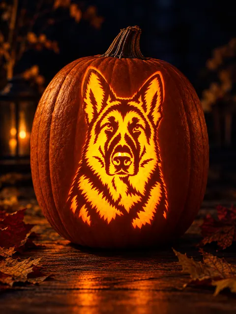 a German Shepherd stencil carved into a glowing pumpkin