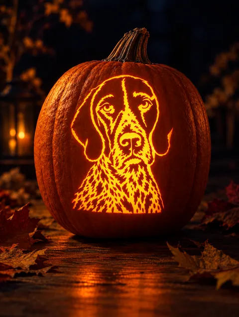 a German Shorthaired Pointer stencil carved into a glowing pumpkin