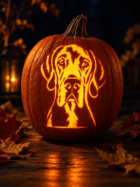 a Great Dane stencil carved into a glowing pumpkin