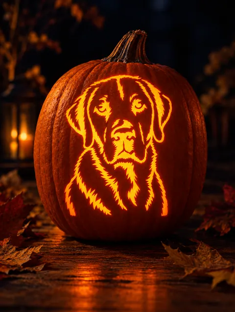 a Labrador Retriever stencil carved into a glowing pumpkin