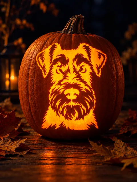 a Miniature Schnauzer stencil carved into a glowing pumpkin