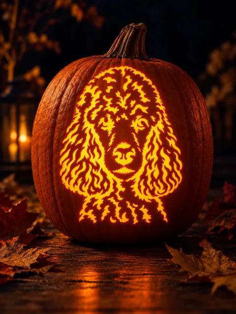 a Poodle stencil carved into a glowing pumpkin
