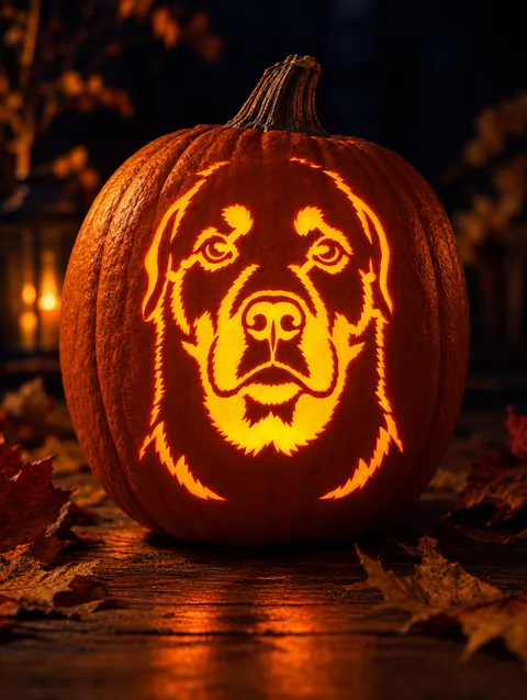 a Rottweiler stencil carved into a glowing pumpkin