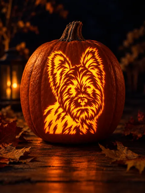 a Yorkshire Terrier stencil carved into a glowing pumpkin