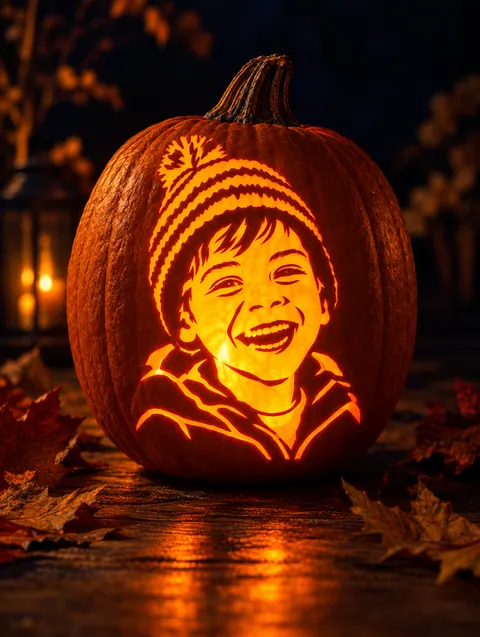 a laughing boy stencil carved into a glowing pumpkin