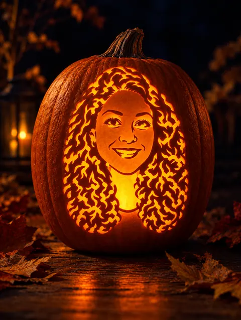 A woman portrait carved into a pumpkin
