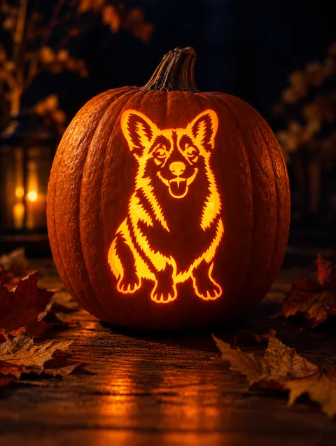 a corgi stencil carved into a glowing pumpkin