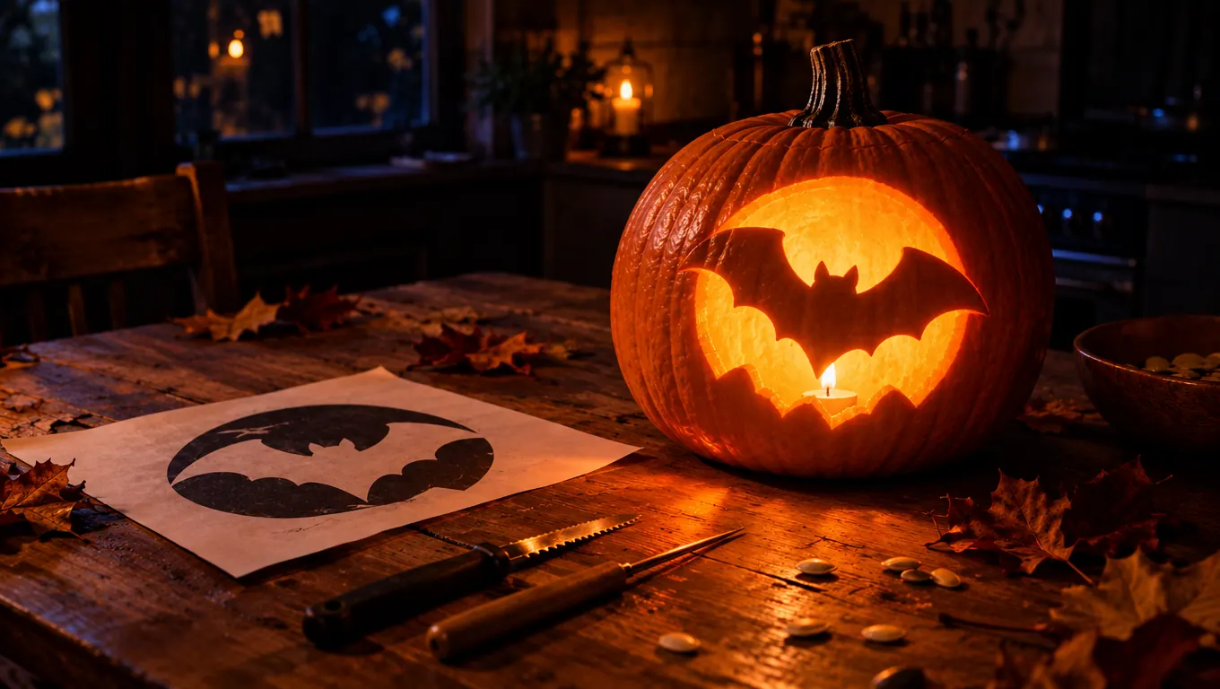 A pumpkin carved with a flying bat glowing next to the bat stencil