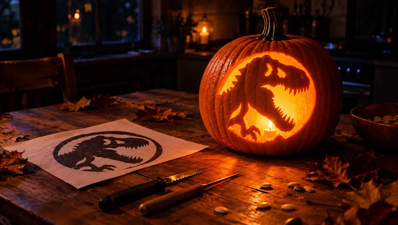 A pumpkin carved with a roaring T-rex glowing