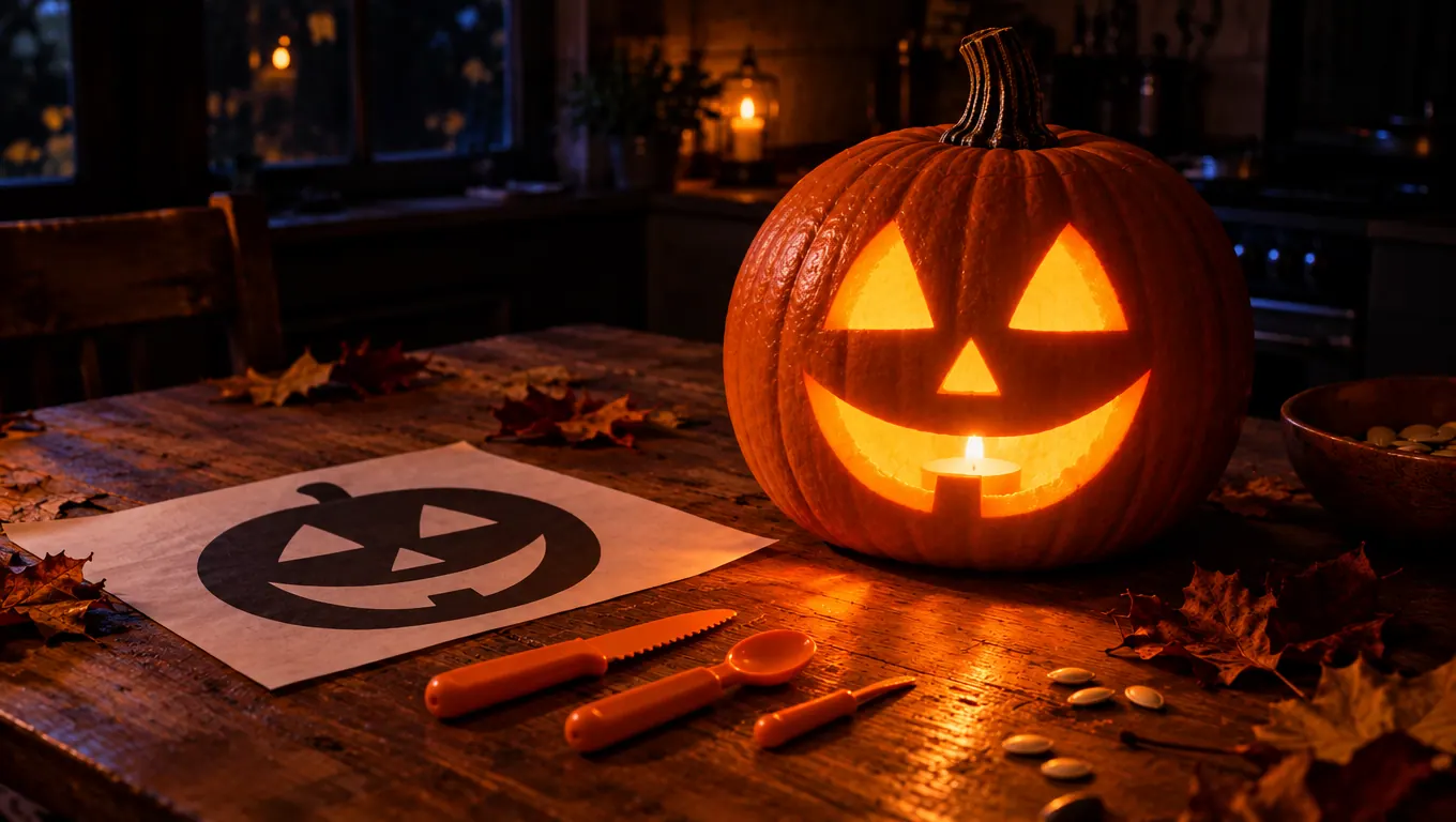 A pumpkin carved with a simple happy face next to a kids carving kit
