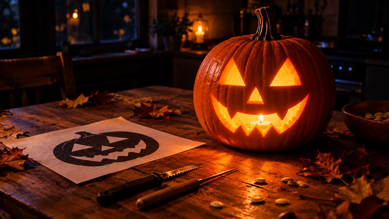 A pumpkin carved with a classic jack-o-lantern face next to its paper stencil