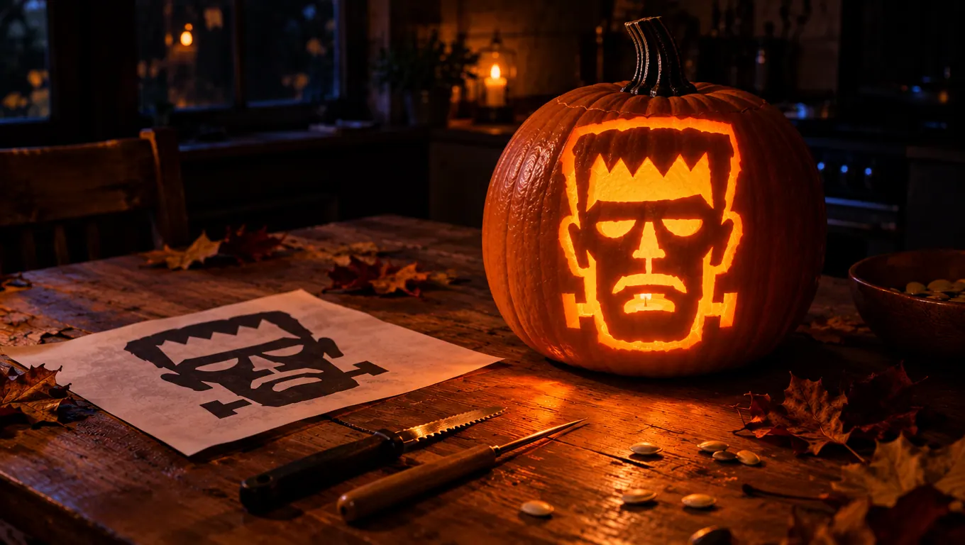 A pumpkin carved with a square-headed monster with neck bolts